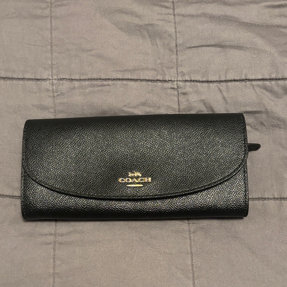 COACH Black Saffiano Leather Fold Wallet with Gold Logo